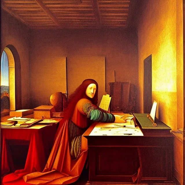 leonardo da vinci works in his study on a laptop at his desk. painting in photoshop. hyperdetailed, warm colors, movie poster, photoillustration, oil on canvas, lens flare