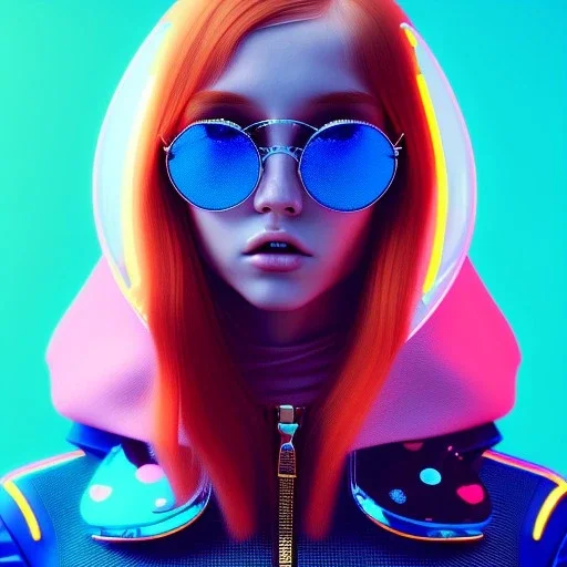 redhead woman teenager, freckles, big minimal sunglasses, padded coat, retro futuristic, latex dress, gradient color, BLUE, PINK, CYAN, neon, insanely detailed, 16k resolution, perfect eyes, cinematic smooth, intricate detail