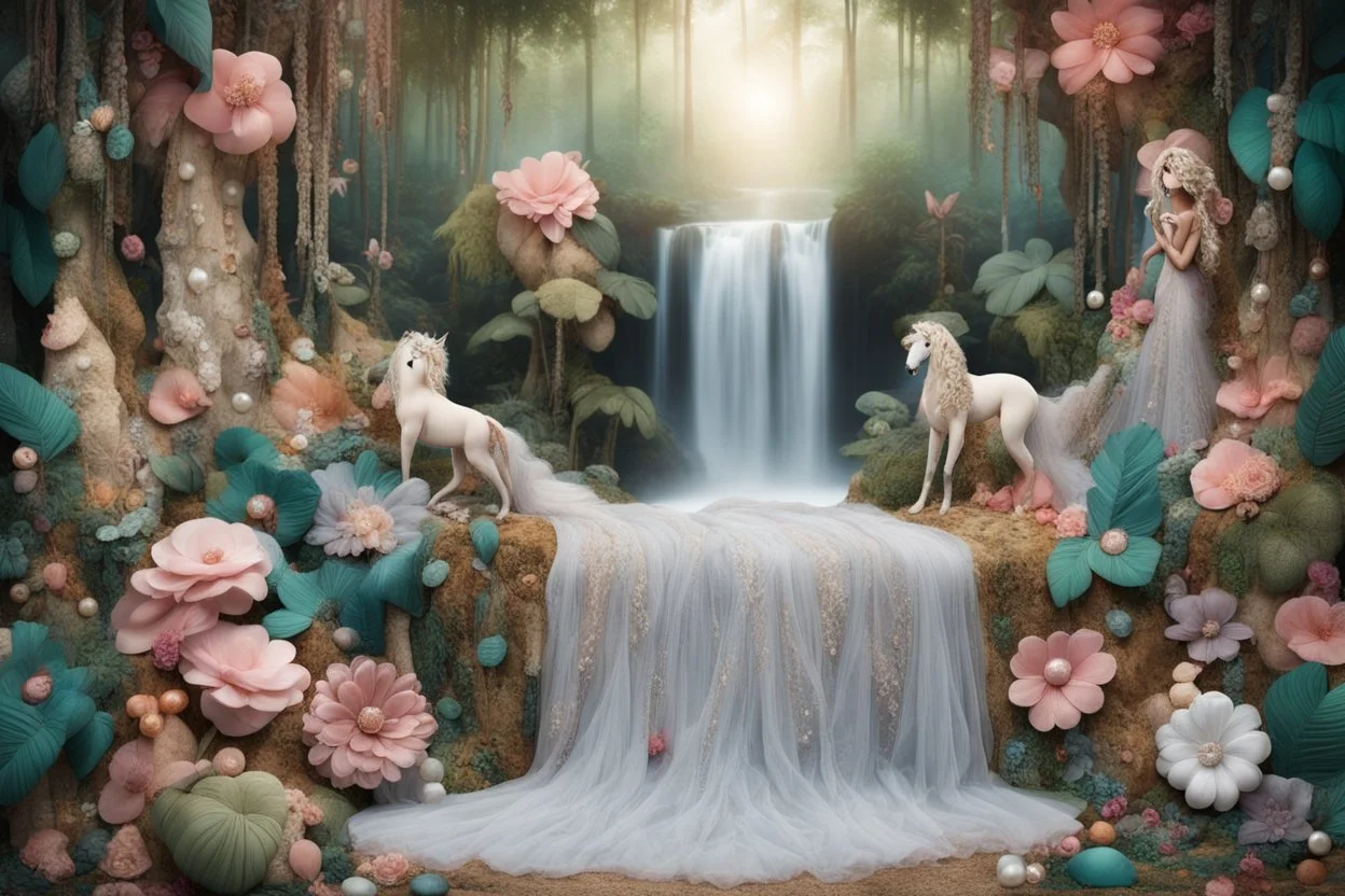 A beautiful fairytale magical composition of a rainforest with a waterfall, a masterpiece, patchwork-like, made of different materials: tulle embroidered with precious stones, lace and real pearls, silk, velvet, burlap, faux fur with leopard print. Unicorn, flowers