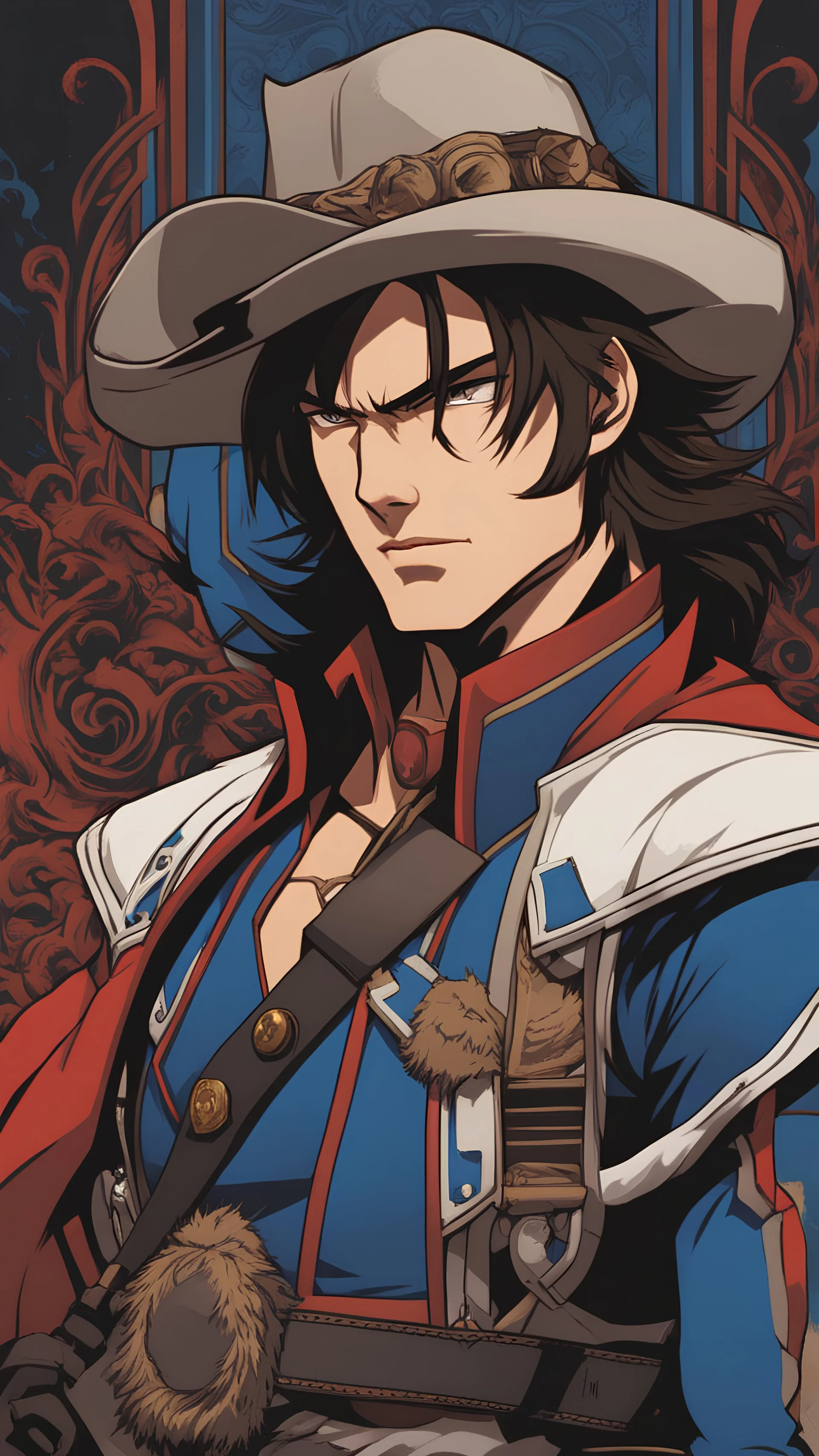 Highly detailed portrait of Richter Belmont from Castlevania: Nocturne animated series, by Loish, by Bryan Lee O'Malley, by Cliff Chiang, by Greg Rutkowski, inspired by Jojo's Bizzare Adventure, inspired by Shōnen Jump, inspired by Hellsing, inspired by Vampire Hunter D