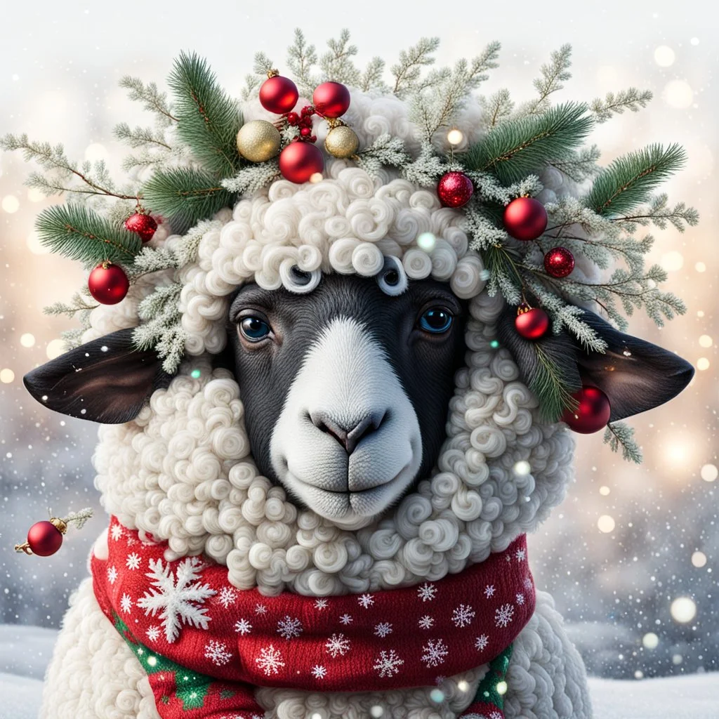 festive Whimiscial sheep in snow, with lights dressed for Christmas in holiday sweater