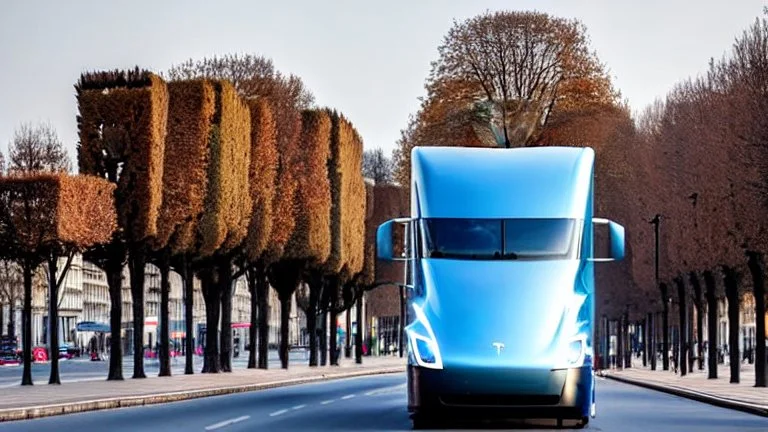 A Tesla semi-truck is racing at top speed, by the 'Sacre Coeur', in Paris. CINEMATIC. WIDE ANGLE LENS. PHOTO REAL.