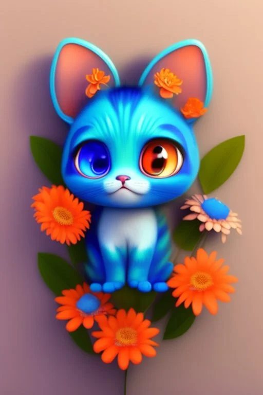 Blue and orange chibi pixar cats with big lifelike eyes and flowers