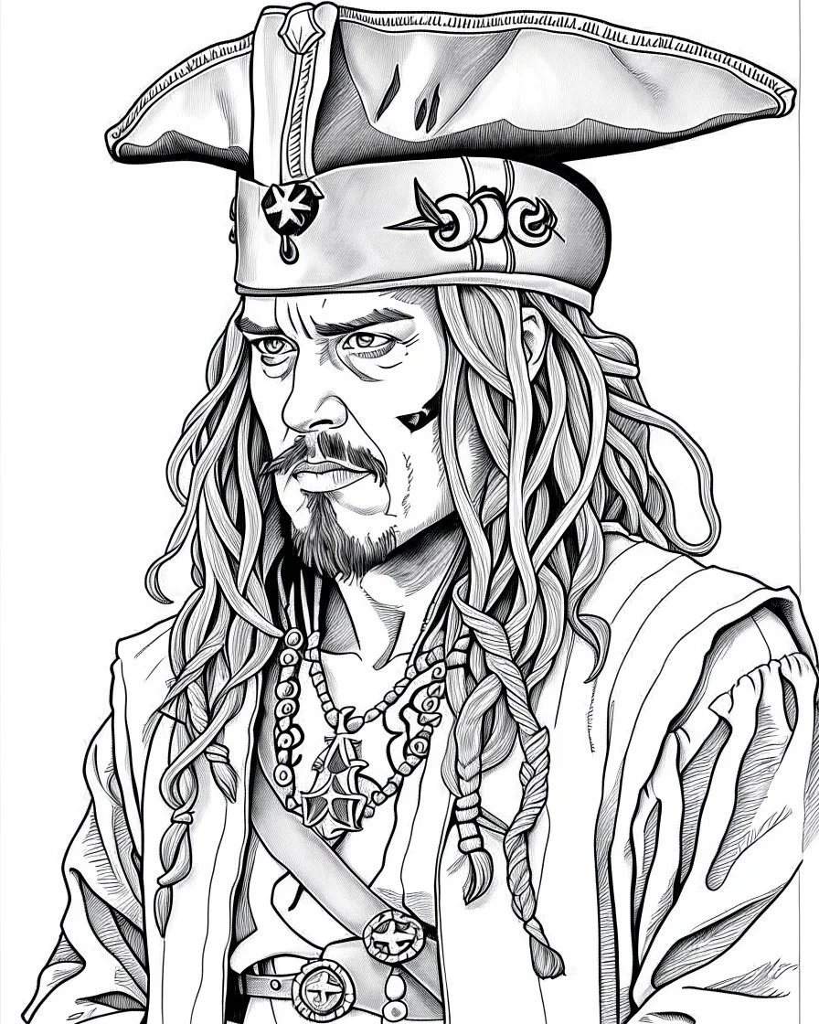 Jack Sparrow Portrait: Create a detailed coloring page featuring the iconic character Jack Sparrow. Ensure intricate details in his clothing, accessories, and facial features for an engaging coloring experience.