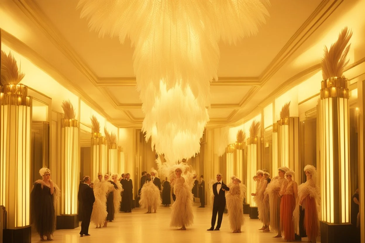 People in glittering extravagant costumes with feathers, in an Art Deco opera foyer with mirrors and brass sconces, incandescent, gleaming