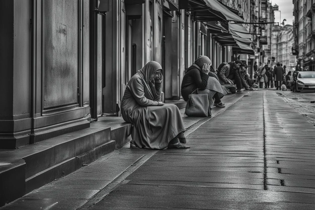 a woman sits with a sad face on the sidewalk on the street and cries, people pass by her, a gray crowd of passers-by comes and goes, human backs rush to work, no one looks at the crying woman, dark colors and shades of gray, depressing, sad, depressed moody picture, everything is grey