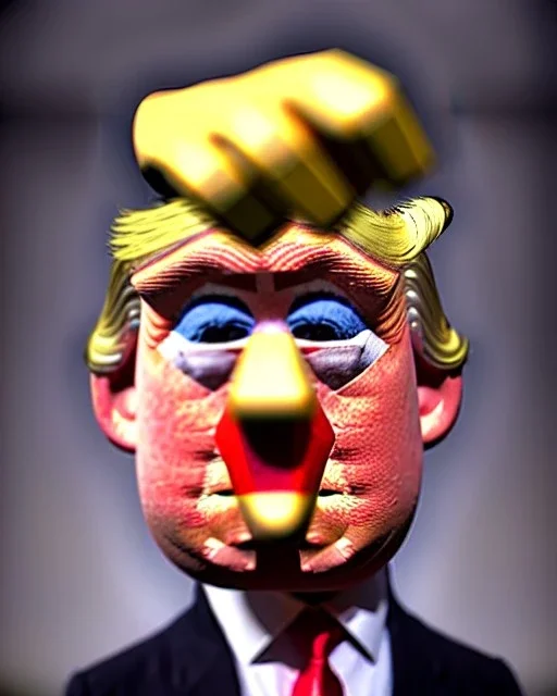 Realistic Waist up Portrait, Donald trump muppet, retro style, photo studio, unreal engine 5, god lights, ray tracing, RTX, lumen lighting, ultra detail, volumetric lighting, 3d.