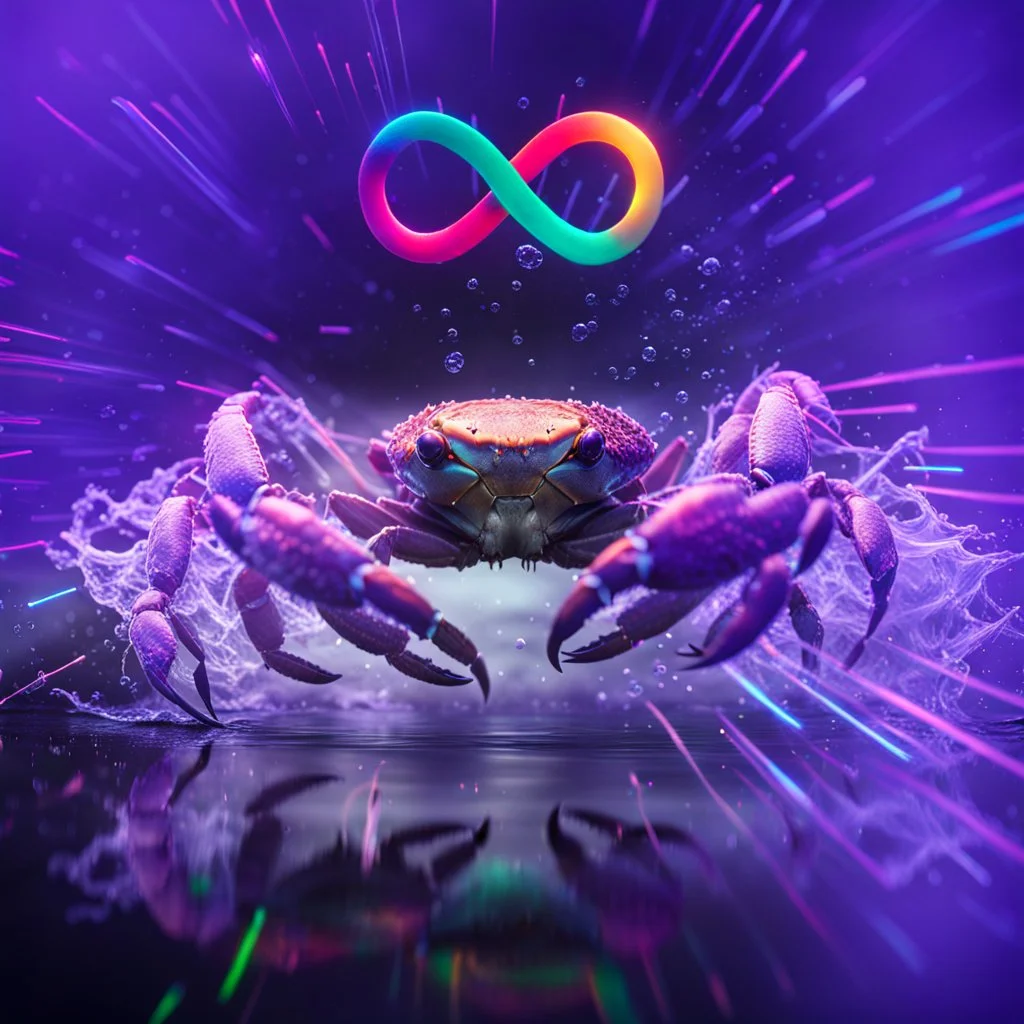 infinity symbol ∞ with vibrant powerful crab jumping out of the water, striking, neon, chiaroscuro, dramatic, captivating, powerful, fantasy, beautiful, octane render, 16k post-production, artstation: award-winning: atmospheric: commanding: fantastical: clarity: ultra quality: striking: brilliance: stunning colors: amazing depth; lens: f/11, 35mm
