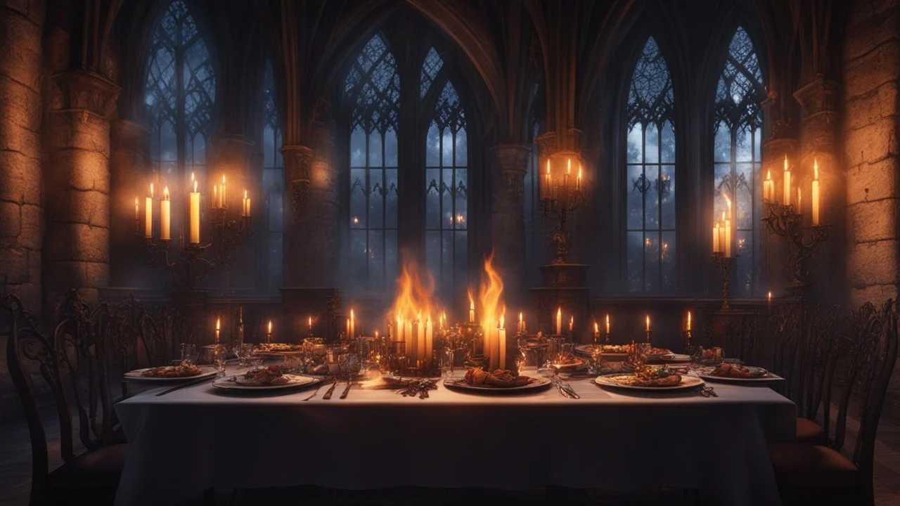 Hyper Realistic candle-light-dinner in a dark-dining-hall of a fancy-gothic-castle with gargoyles, medieval-windows & flame-torches on wall at dark-night with a fire-place.