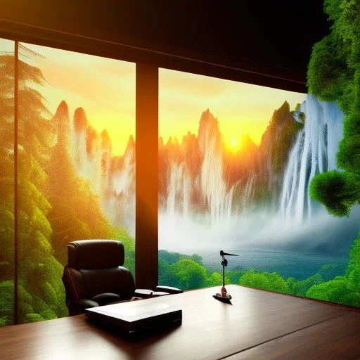 old wood sober house, large desk, parquet, sheet of paper, little pen, office chair in front of a huge picture window with large view on a waterfall with warm light, sunset ,photorealistic, detailed, panorama, nature, globe, 8K, Hallelujah mountains, view first person