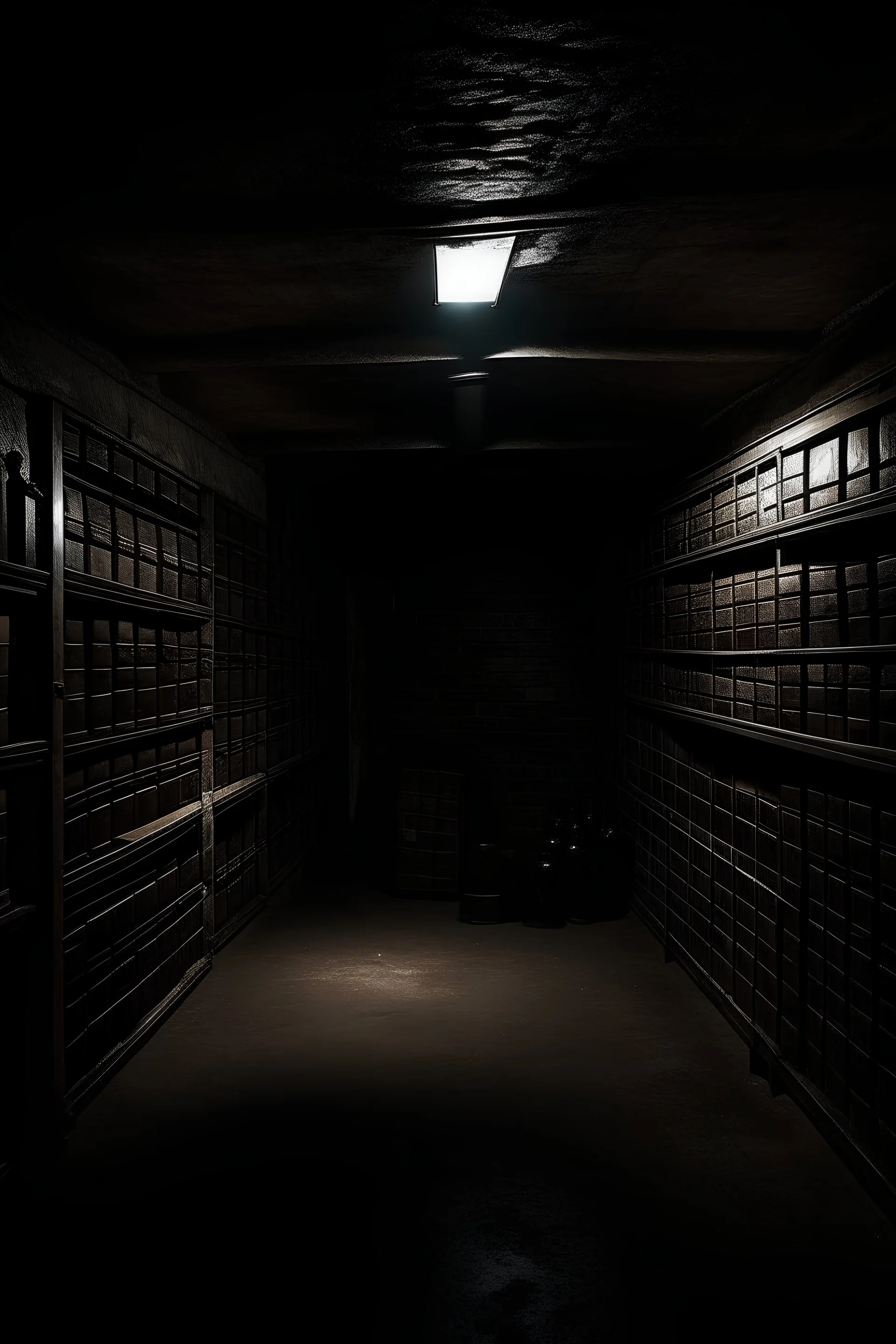 a dark scary quiet cellar with no windows and a flickering light