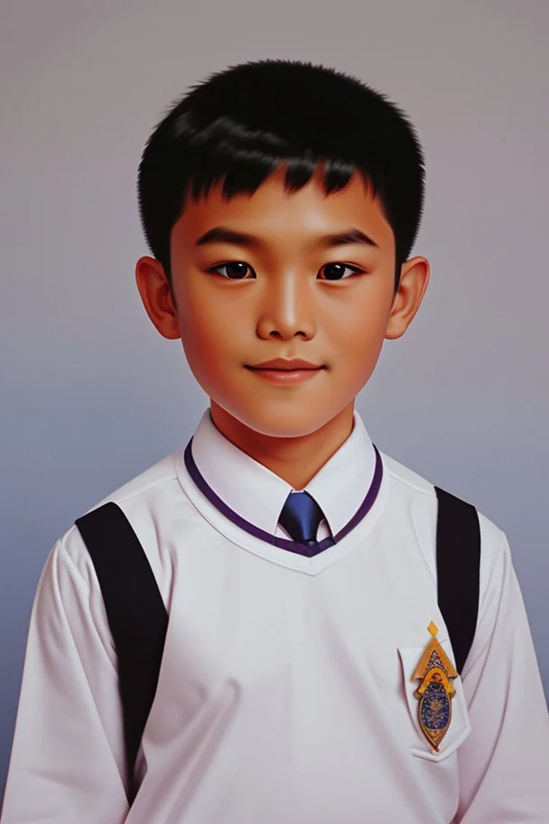 6 year old asian schoolboy in his school uniform portrait, high details