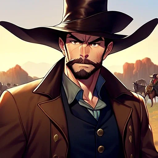 Portrait, Bearded, gunslinger, short brown hair, serious eyes, wild west Coat,