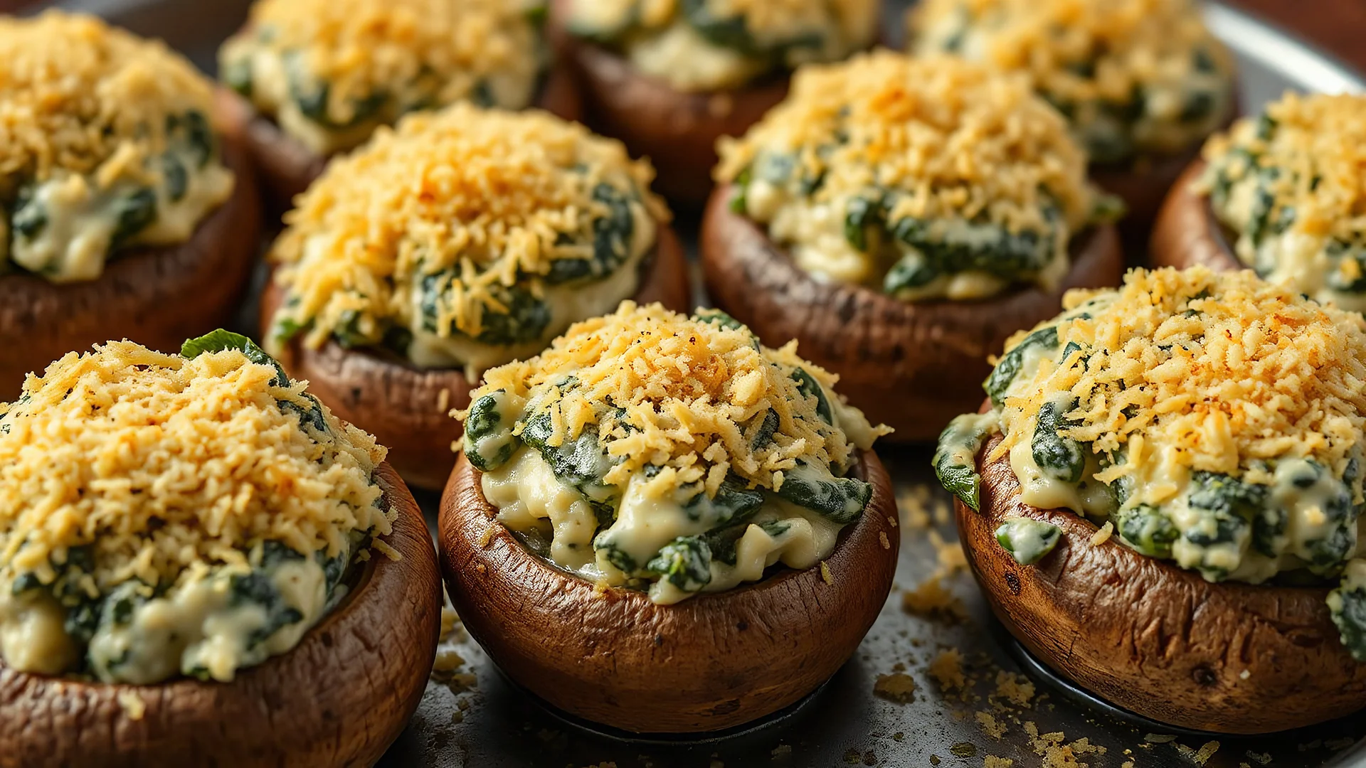 Large baked mushrooms stuffed with creamy spinach and cheese, topped with a golden parmesan crust. The mushrooms are juicy, and the filling is lush and inviting, captured in hyper-realistic 8k UHD.