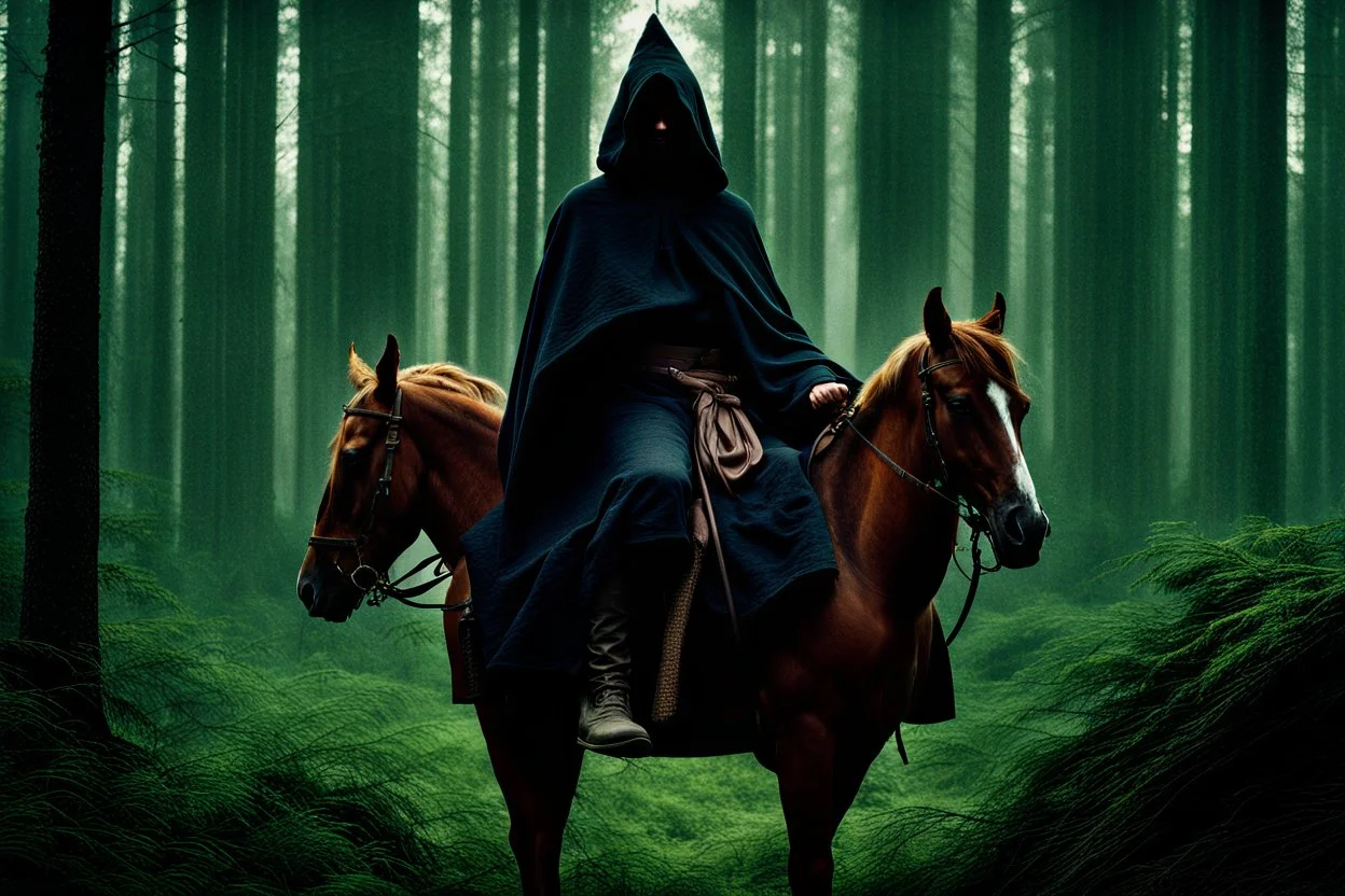 hooded monk on horseback in the forest