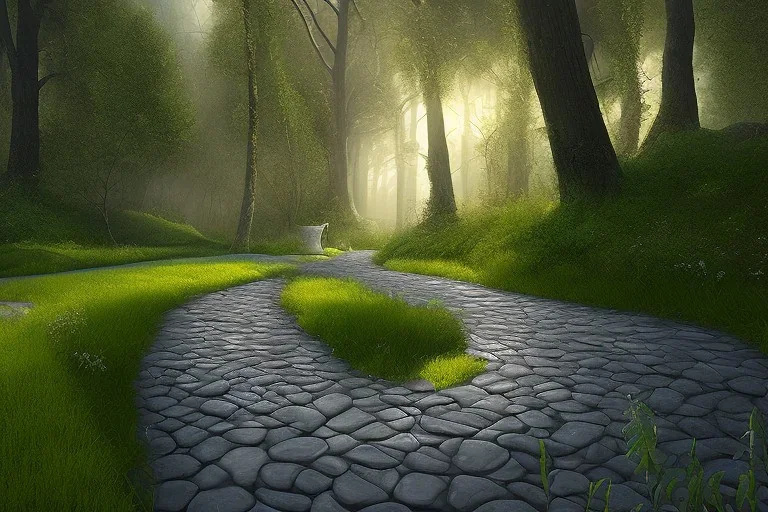  winding stone path lit river