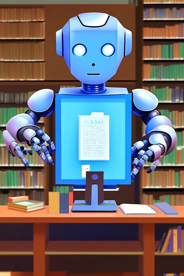 The library is serviced by computers, and there are many books on the shelves. The robot sits at the table and searches for books in the catalog in the computer Expression. High-quality drawing, 8K