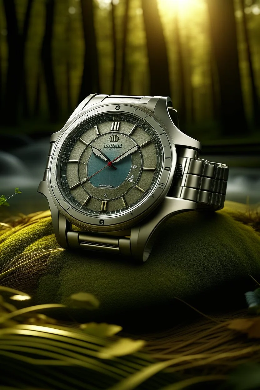 Create a surreal image of an Audi watch surrounded by elements of nature, merging the beauty of timekeeping with the beauty of the natural world, reflecting Audi's commitment to sustainability and style."