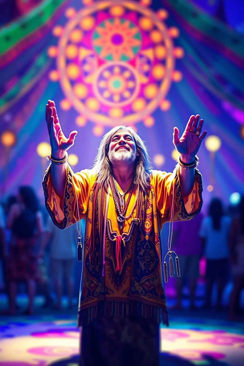 airbrush with pen outline, , , hippie in his palace raised hands having fun in a festival in the 60s, goa psy ambient in the style of vangelis and fsol, source vibrations, bokeh like f/0.8, tilt-shift lens 8k, high detail, smooth render, down-light, unreal engine, prize winning