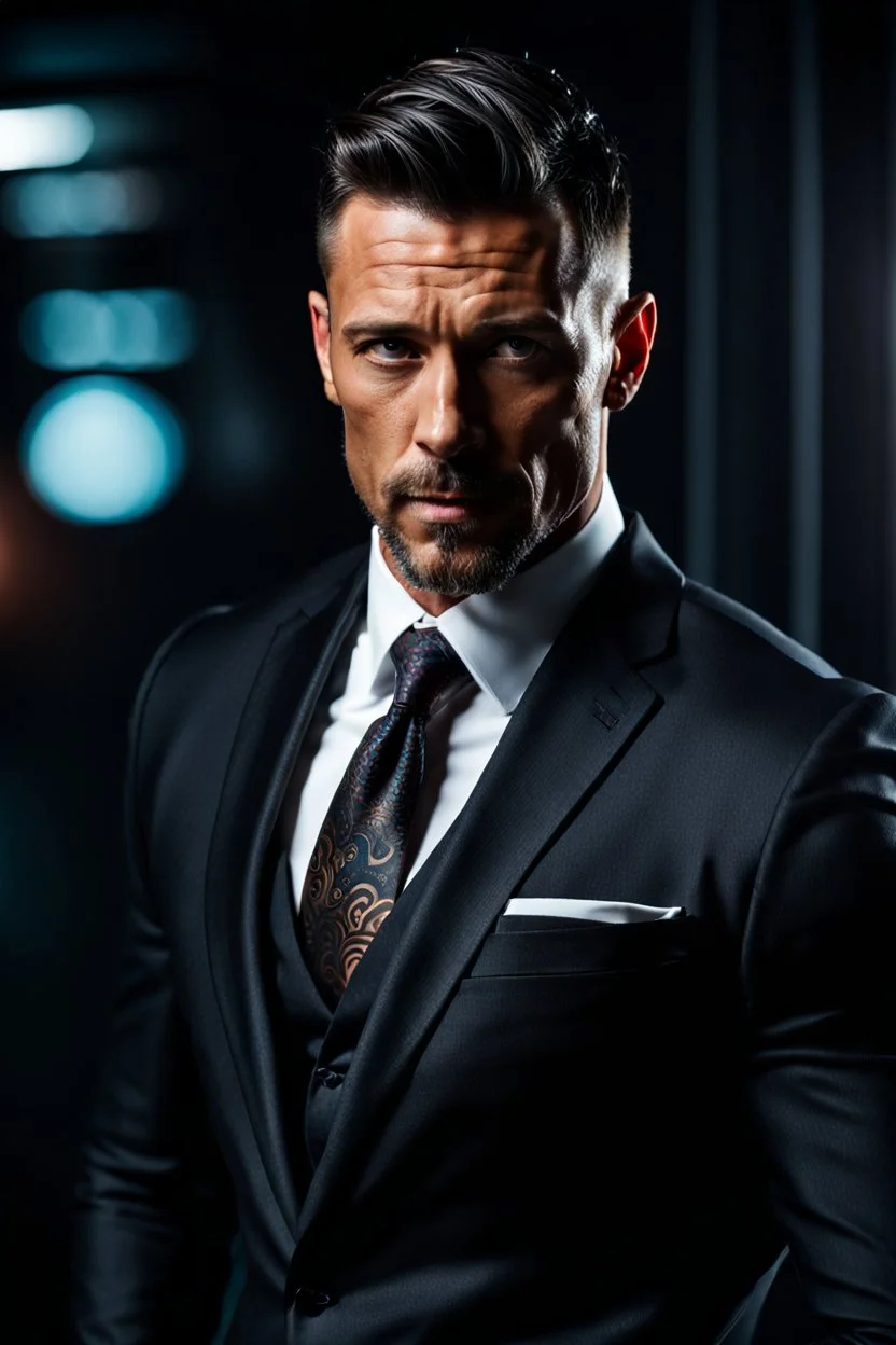 portrait of a 40 year old Handsome muscular male leader with lightly tanned skin and tattoos. Dark hair cut short and a goatee beard. wearing a three piece suit. photorealistic