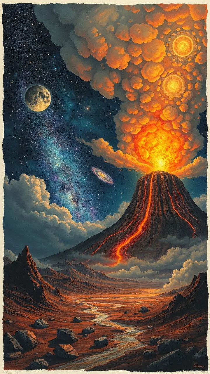 Back in time through a volcano,a time Machine in the parallel universe among the galaxies and the stars a big clouds of gas covering the sky from a distance Busch painting style nightmare