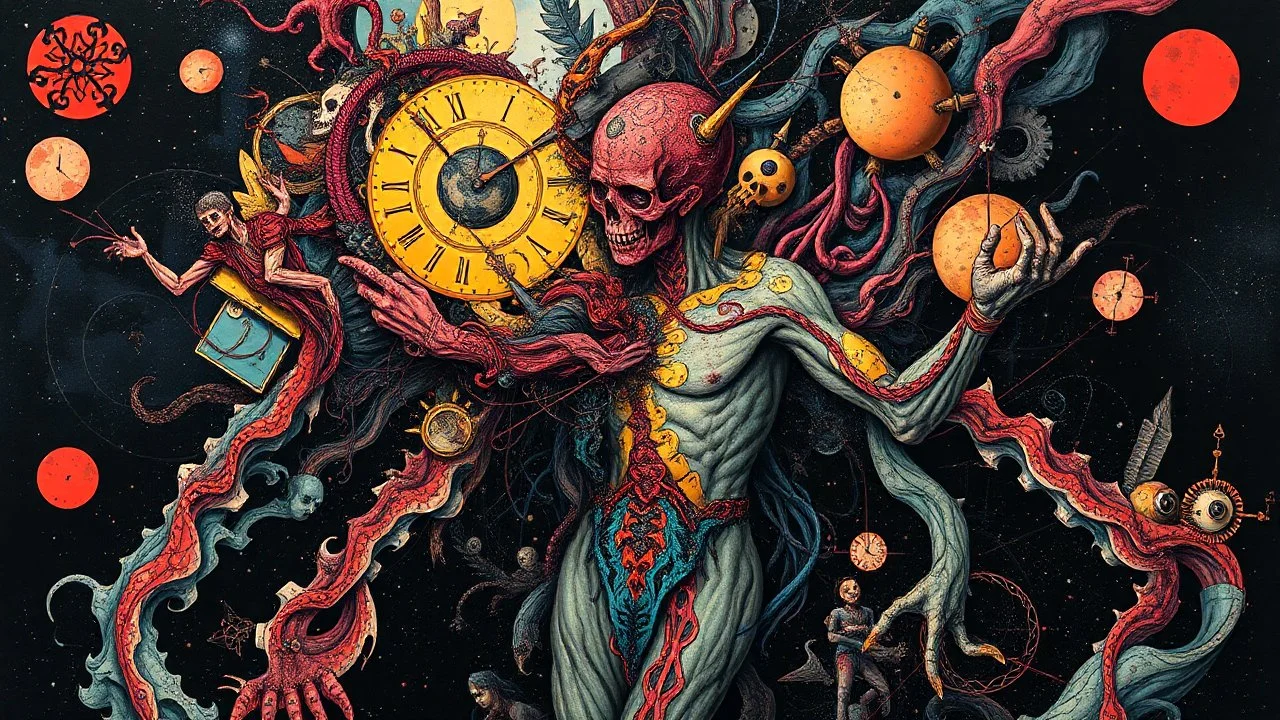 Create a detailed and intricate structure of surreal abstract creative art design using collage techniques inspired by Moebius art that reflects the dichotomy of materialism and idealism, sadism and masochism. Satanism elements in the form of the darkest thoughts colliding with strange color movements and deviant ideologies, His body is distorted by the passage of time. exaggerated features of all human elements, like the darkest dreams. anatomic Book style