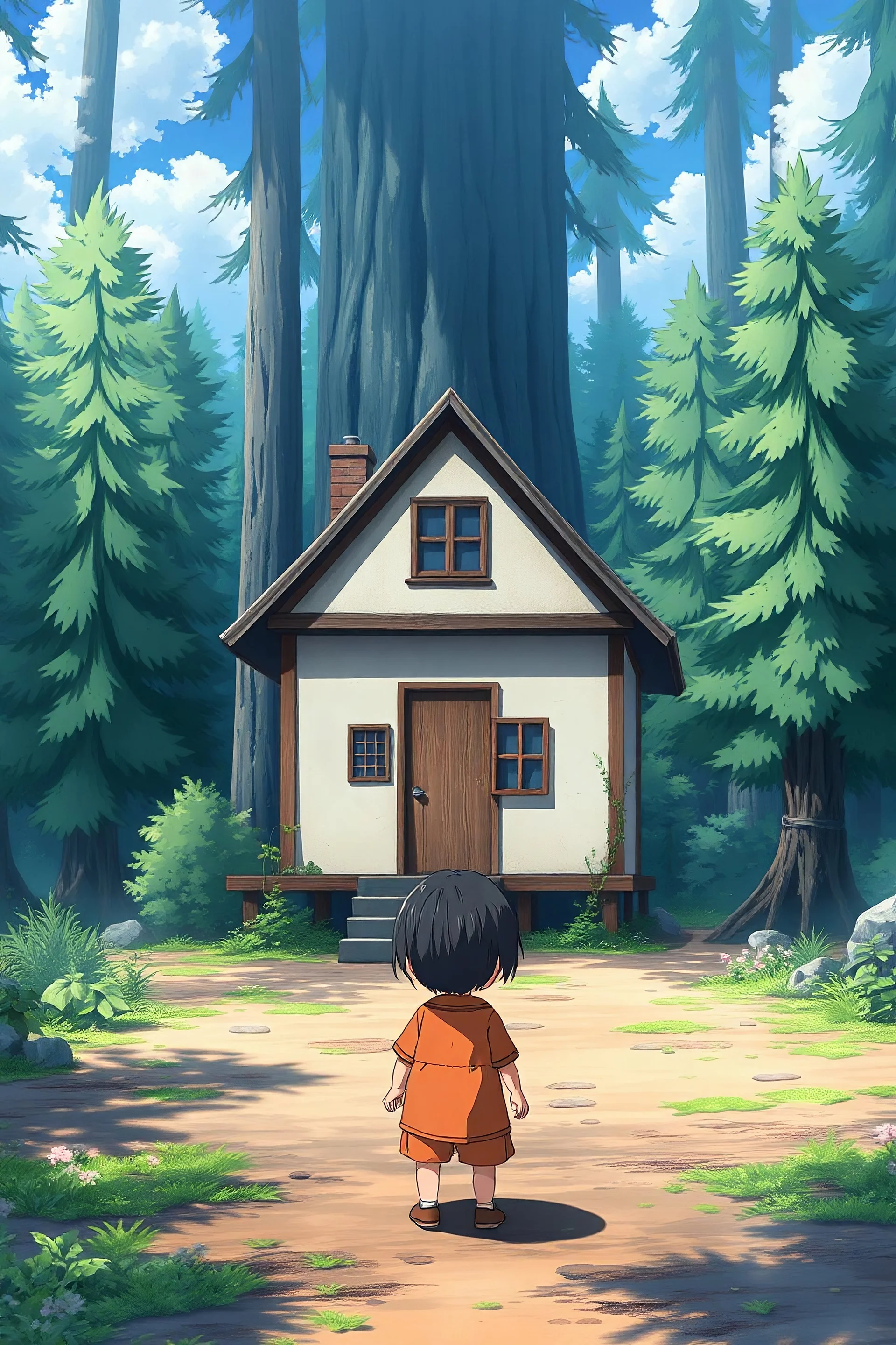 gambaran anak kecil anime di depan rumah di tengah hutan