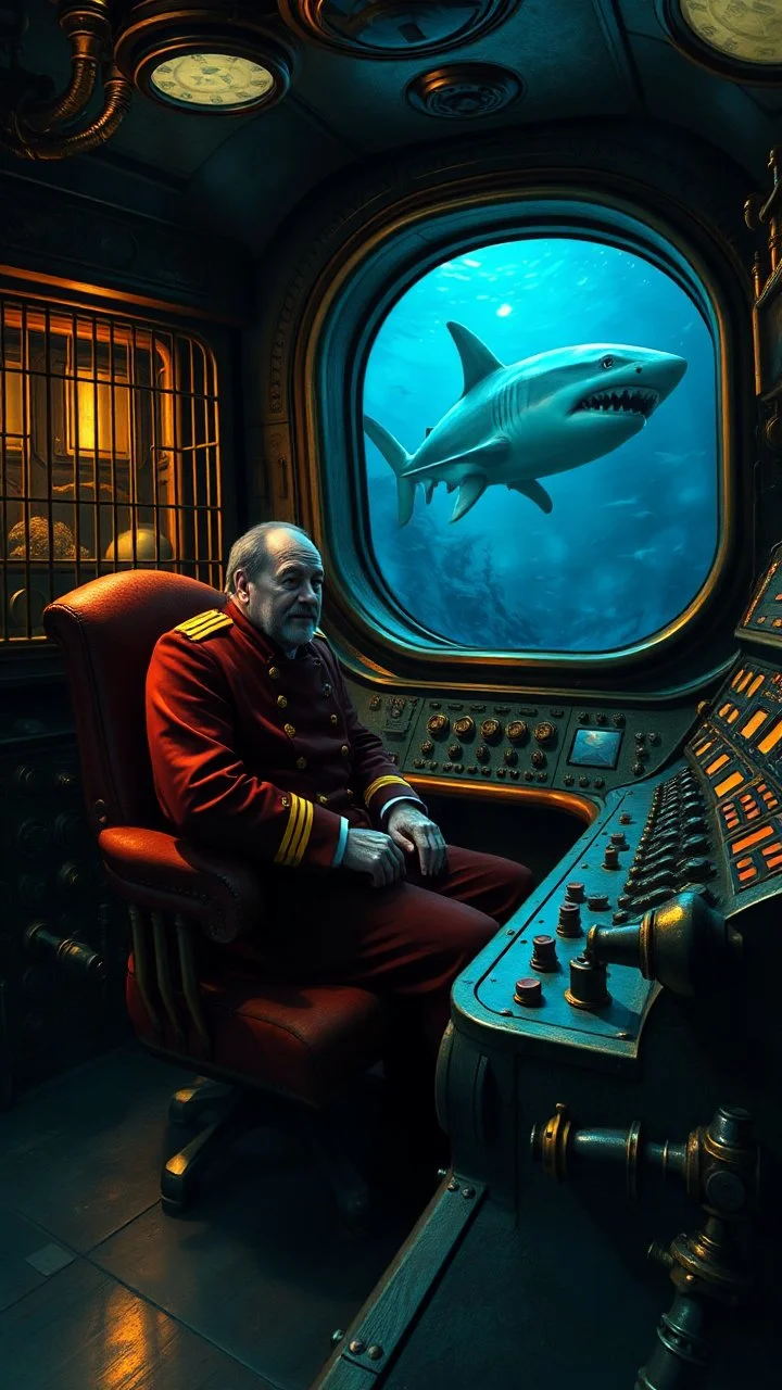 Captain Nemo sitting in a dark submarine control room , filled with cages and buttons and valve on the control dashboard, in a large window to the ocean with shark , paint it in the baroque style,