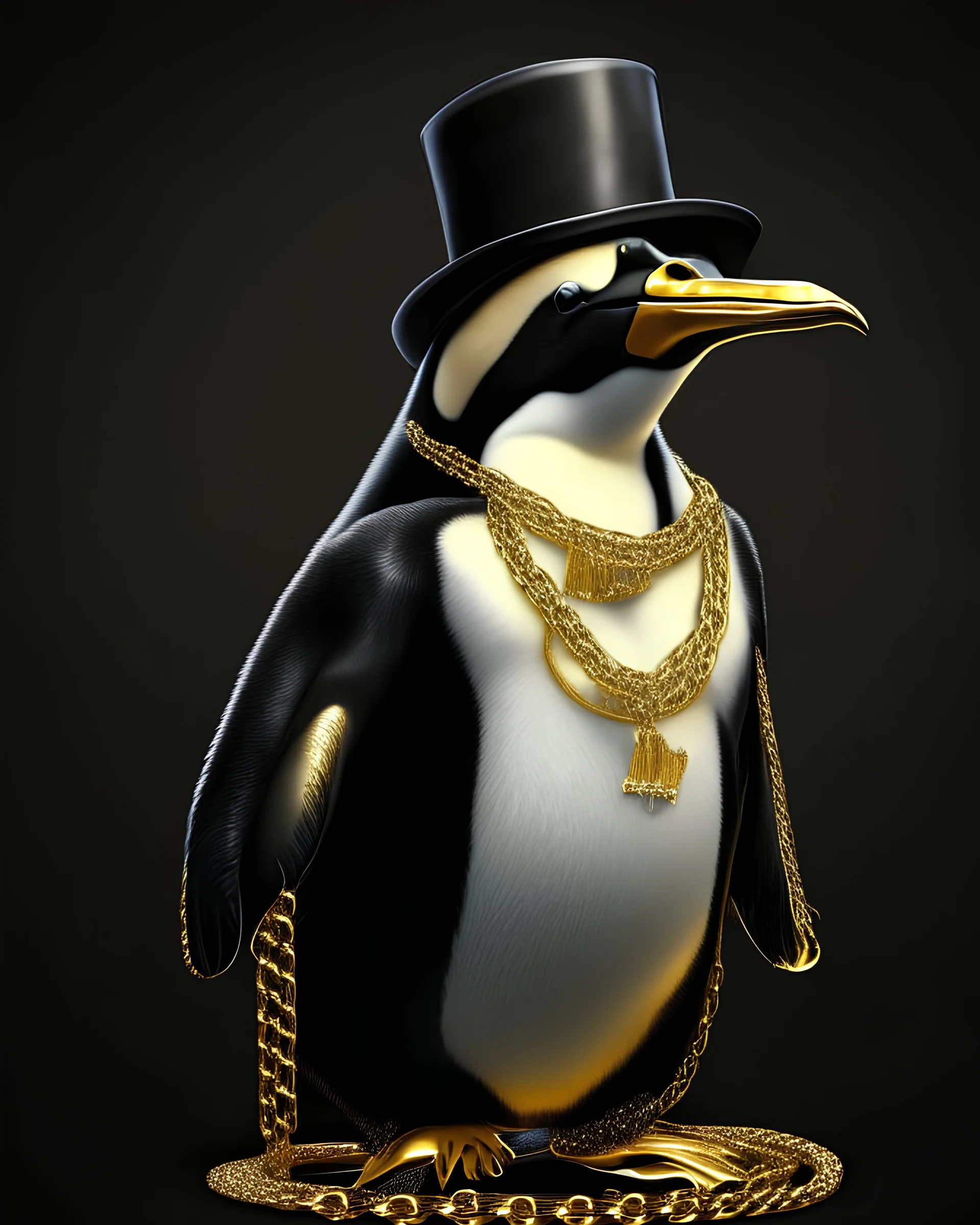 NFP style penguin with gold chains and in the suite with a hat. black background