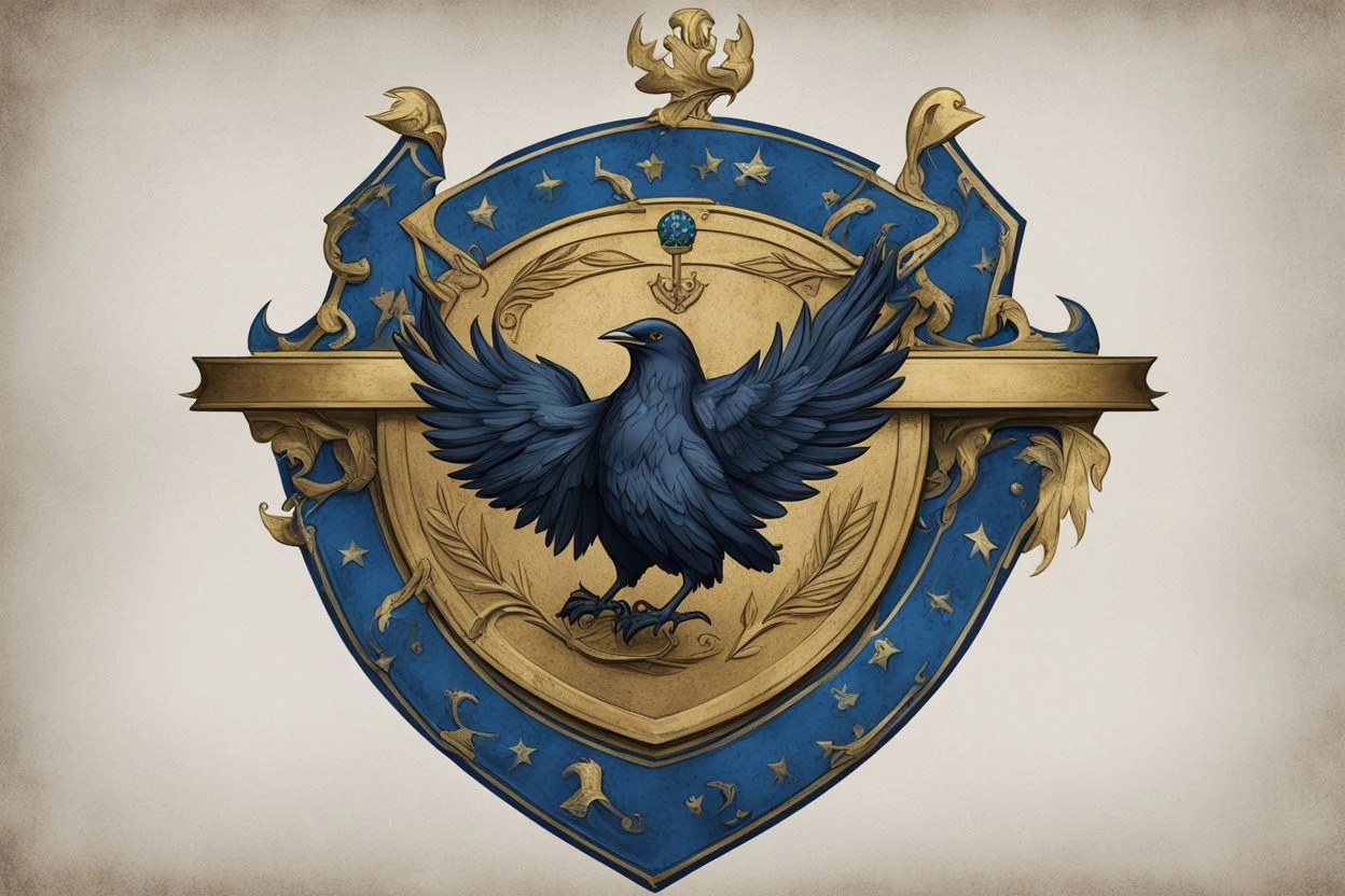 Coat of arms of the Murinian Federation; brass crow; holding sword and szepter; blue banner, green banner, white banner;