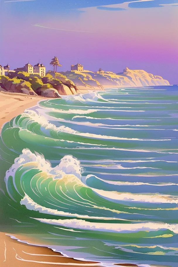 Vintage travel poster showcasing the majestic waves on beaches of Landes in France in a watercolor painting style reminiscent of 1930s European travel advertisements, like those by Henri Cassiers. The scene is captured during golden hour with soft glows highlighting the peaks, featuring muted pastels with pops of rich blues and greens. The composition offers a wide-angle view, with a focal length of around 24mm, presenting a vast mountain range at the center and a quaint village at the base.