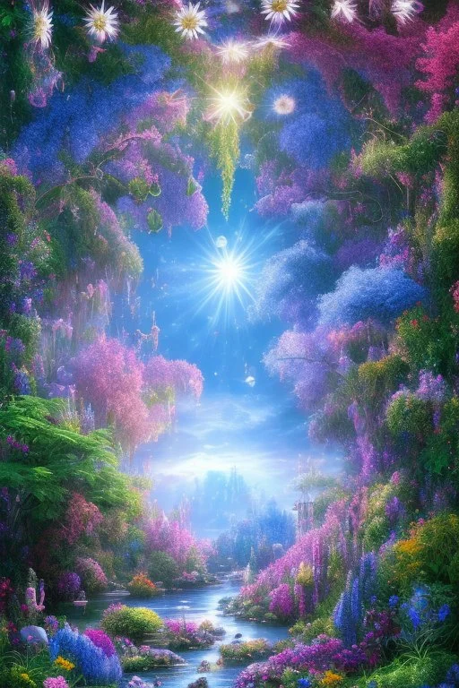 verybeautiful-magical-garden-of-the-angelic-kingdom-blue-and-pink-plants-and-trees-small-river-sunshine-flowers-haze-thumb-rainbow-ufo-bright-colors-beautiful flowers