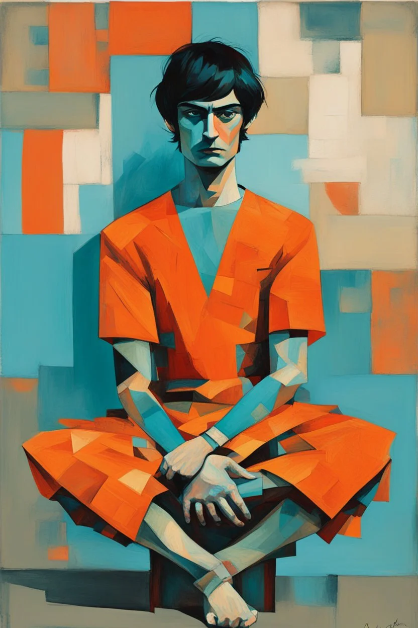 whimsical arafed nonsense stylized abstract portrait of a man with dark bob hair, seated with arms crossed, (((exaggerated body parts))), (((oversize head))), in vibrant orange dress and black accents around wrists, background is blend of bold beige and drab patchwork vibe, cyan tints, rainy whimsical afternoon, sharp color contrasts, amazing shadows, minimal cozy, color leak, heavily distorted views, amazing parallels