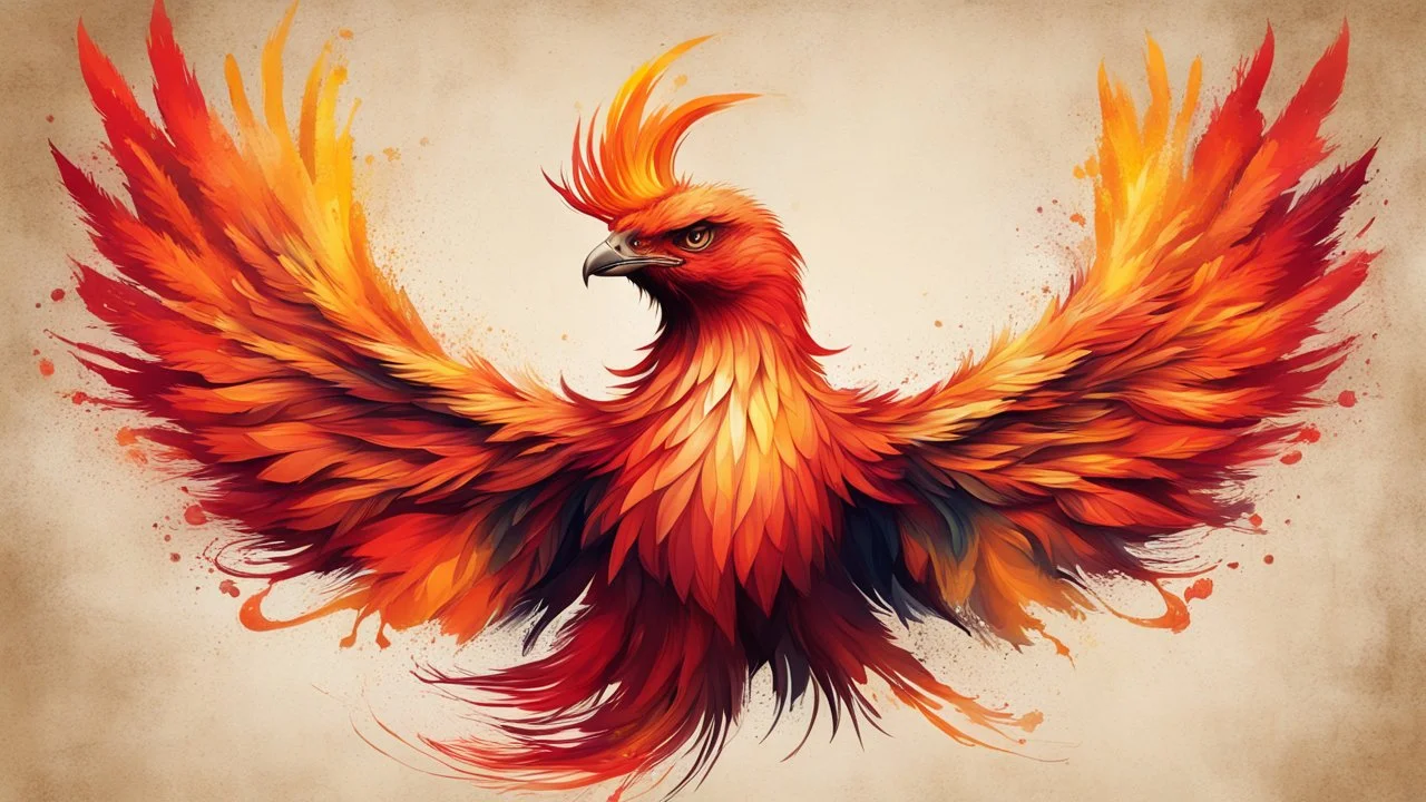 Hyper Realistic Abstract Phoenix-Bird-face-art vector style with Red-Yellow-&-Orange-abstract-brush-strokes on vintage background