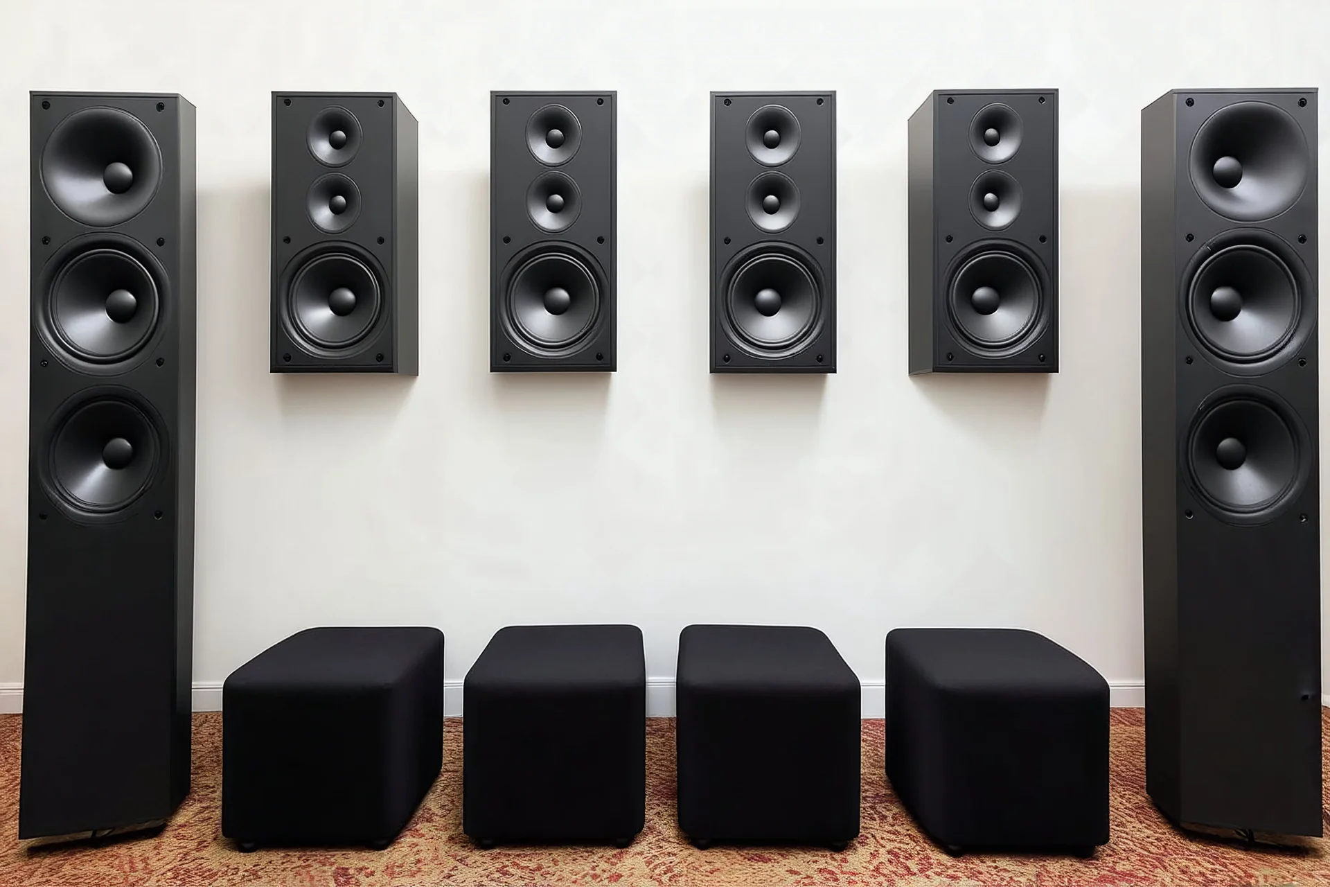 A wall of severam loudspeakers obe on the other
