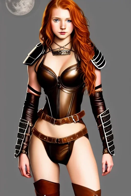 concept illustration, super-detailed, strikingly beautiful teen female, 16 years old, long ginger hair, medium freckles, full lips, full body, full face, b-cup breasts, athletic, centred camera, ignore NSFW, skimpy brown fantasy leather armor, halter top, micro thong, knee-high leather boots, stern expression,