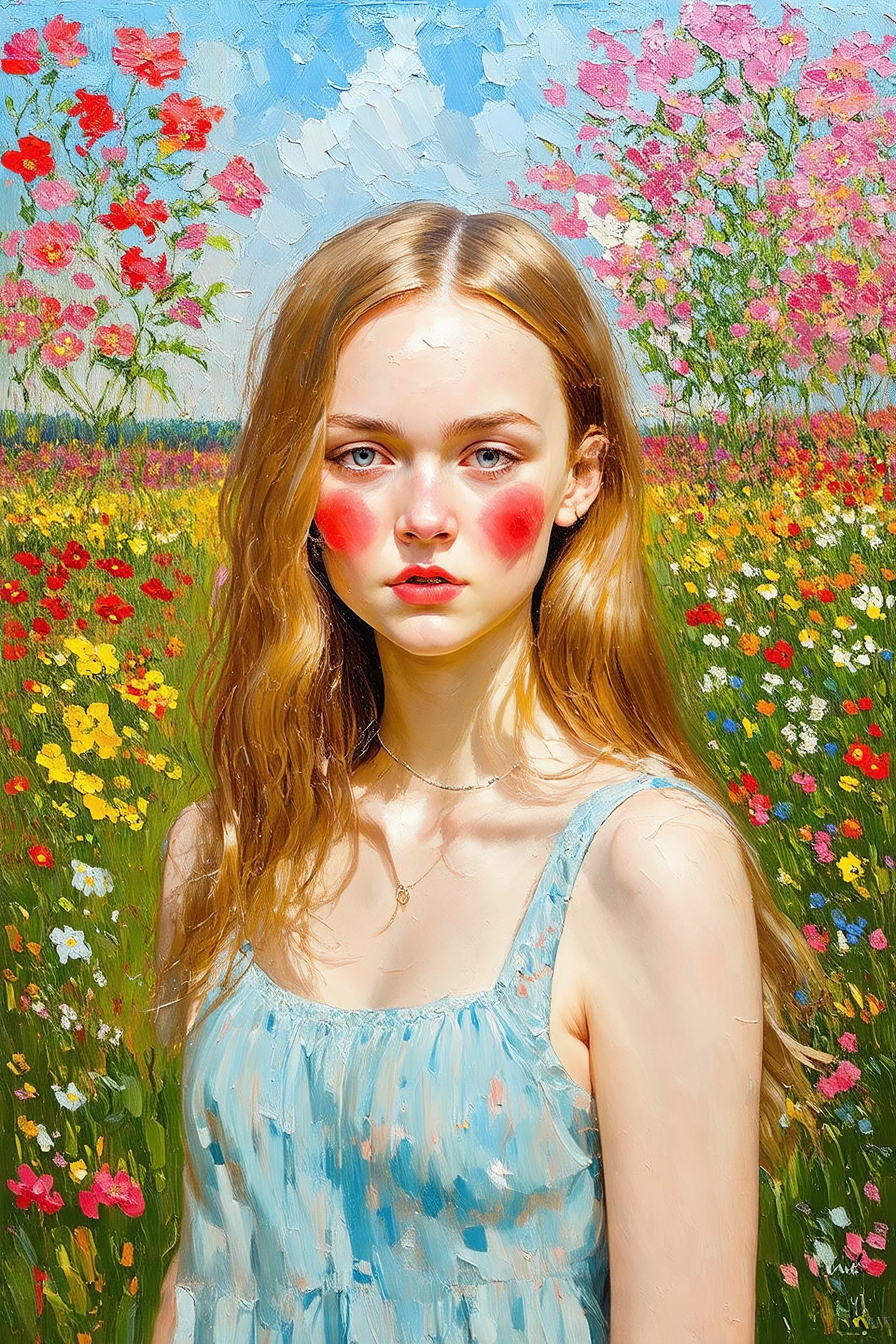 Lily-rose Depp, long hair, rosy cheeks,flower garden, , in the style of pissarro oil painting