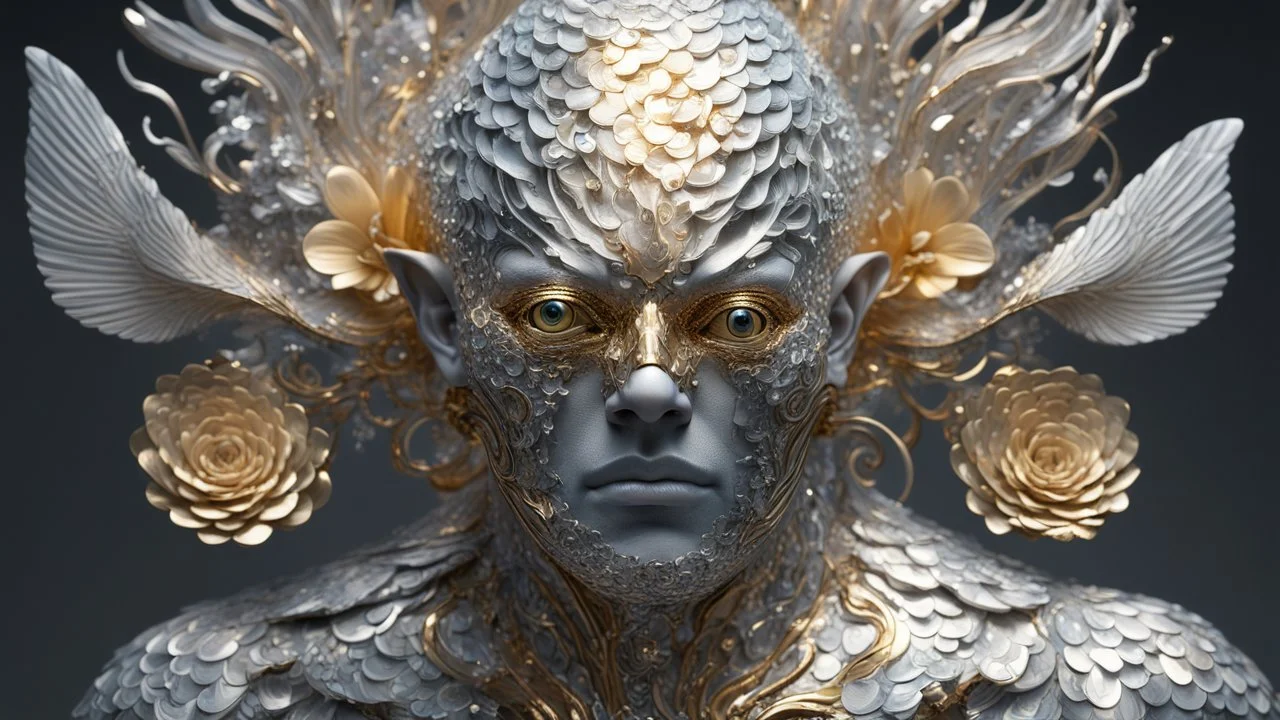 figure of a fish man with fish scale skin, art from Jasper Harvey's "art of control" collection, futuristic optics style, silver and gold, flower, bird, detailed facial features, swirling vortices, 8k 3d, bizarre cyborgs made of crystals, high detail, high resolution, 8K