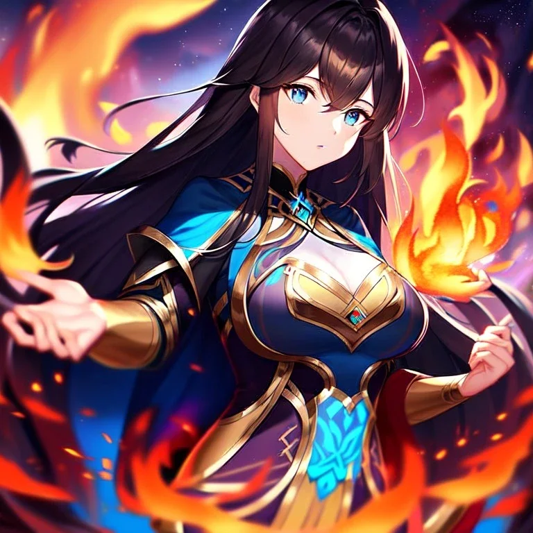 girl, masterpiece, best quality, volumetric lighting, detailed outfit, perfect eyes, black long hair, vibrant blue eyes, girl, fire magic