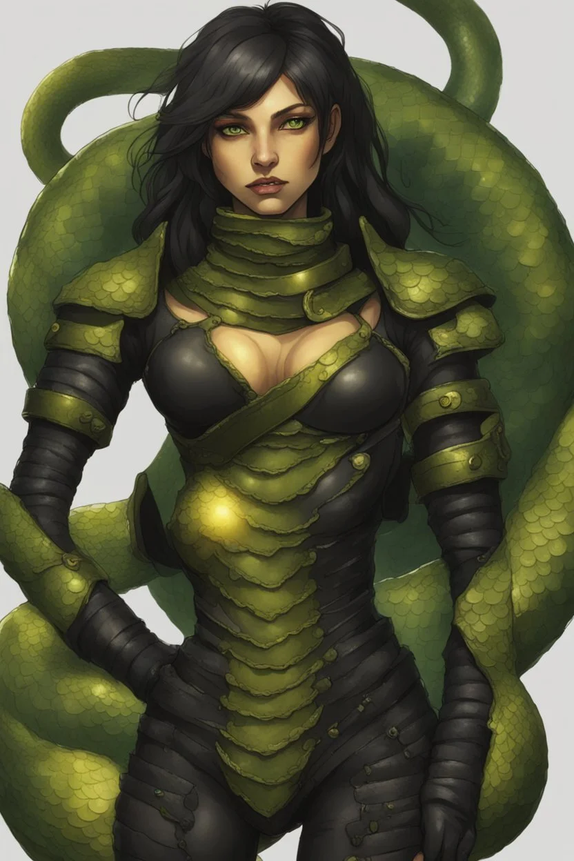 a female humanoid snake, wearing a black leather armor, green scales, yellow eyes