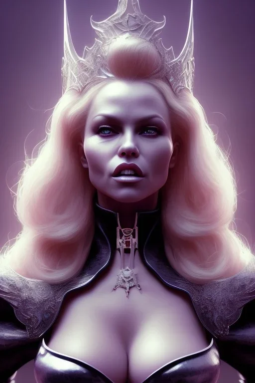 Pamela Anderson as evil queen in black leather, leather, busty, cleavage, angry, stern look. character design by cory loftis, fenghua zhong, ryohei hase, ismail inceoglu and ruan jia. unreal engine 5, artistic lighting, highly detailed, photorealistic, fantasy