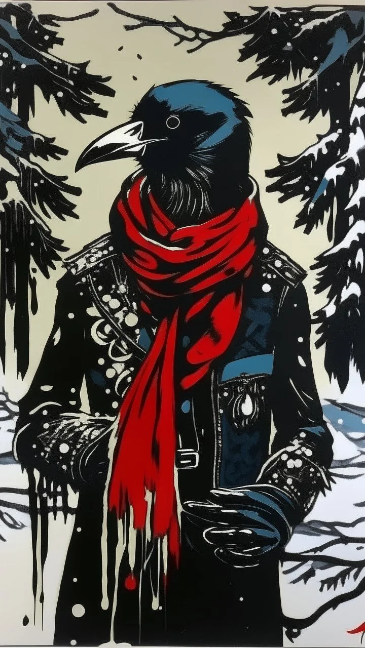 A contemporary serigraphy painting by Matisse of a human-like crow adorned in a punk leather jacket within a snowy Christmas atmosphere.