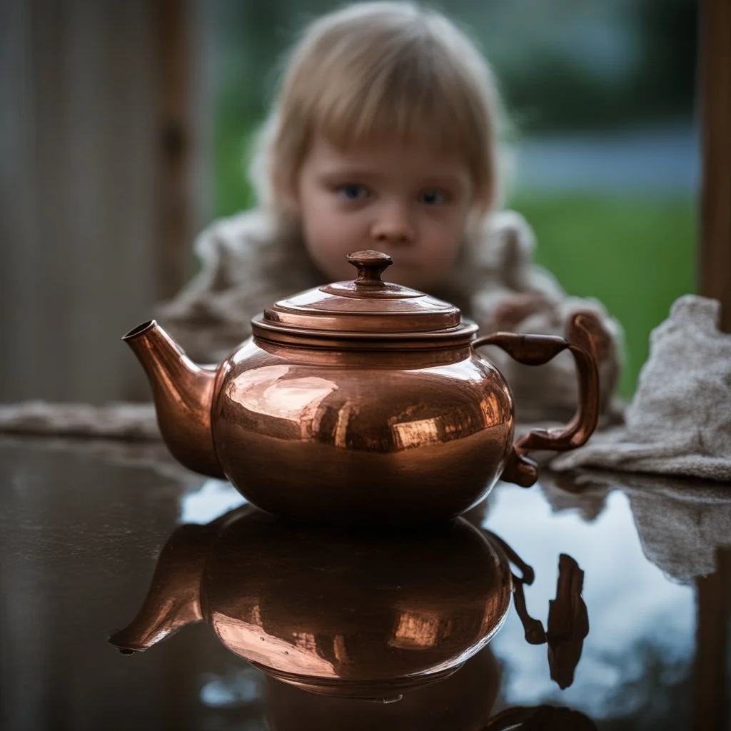 Reflection of a child on an old copper teapot