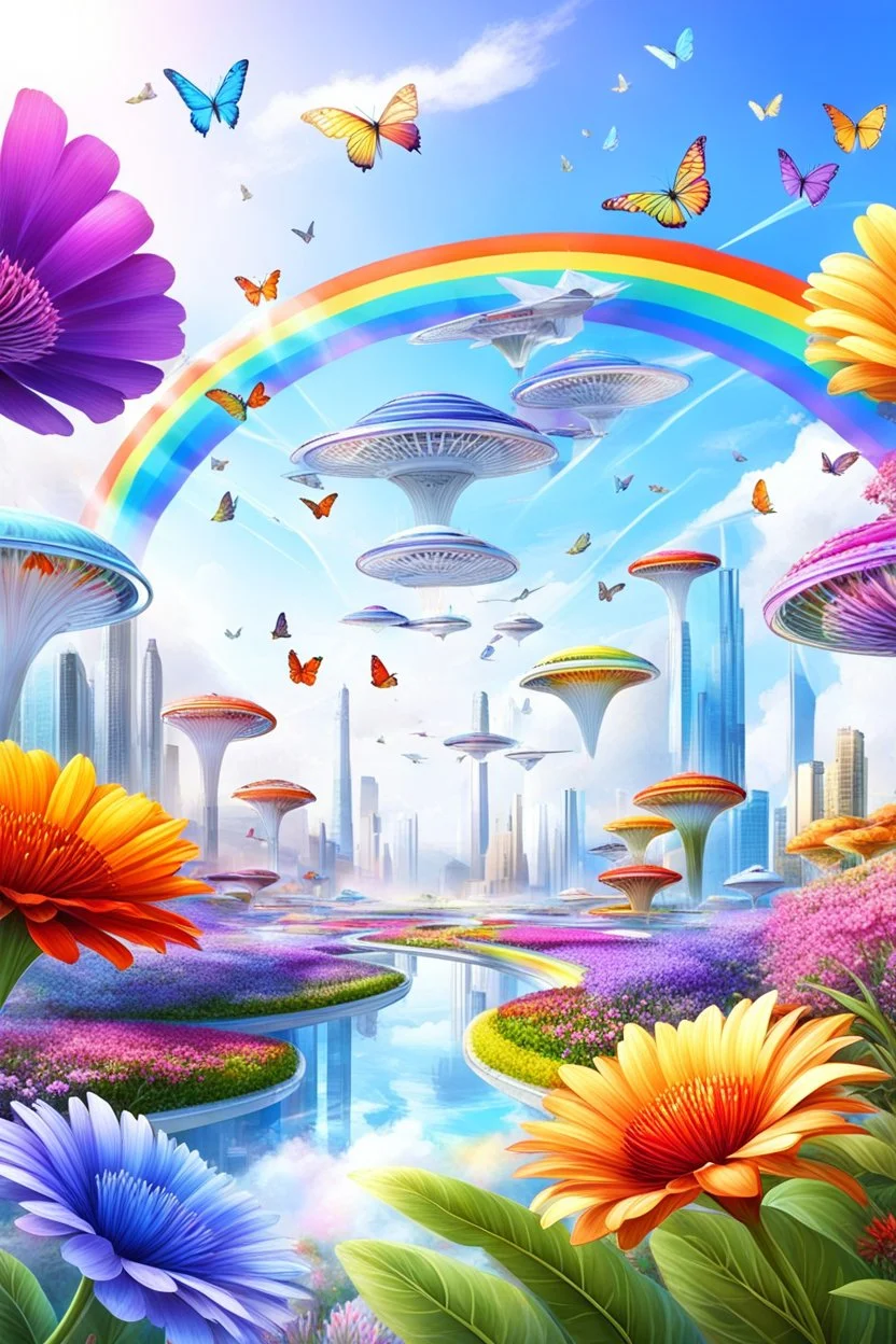 colors, very beautiful, ,flowers garden,rainbow, cité très futuriste ultra moderne, ufos fleet, rainbow intergalactic, birds, butterfly