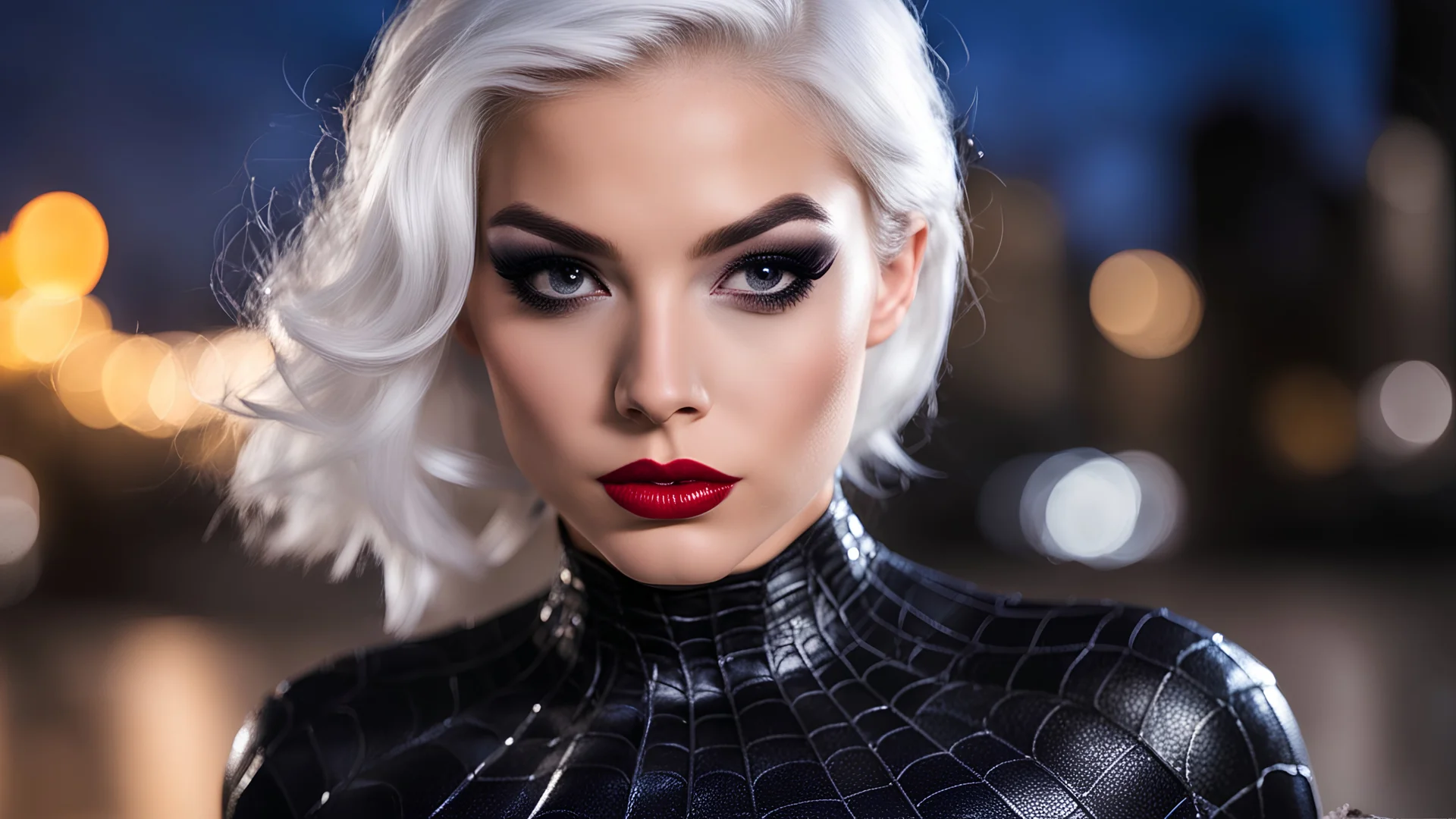 black Spider Man costume,1girl,waist up,solo,lips,(shiny skin:1.2),mole under eye,(White hair:1.1),spider web print,gloves ,blury background,depth of field,night scene,