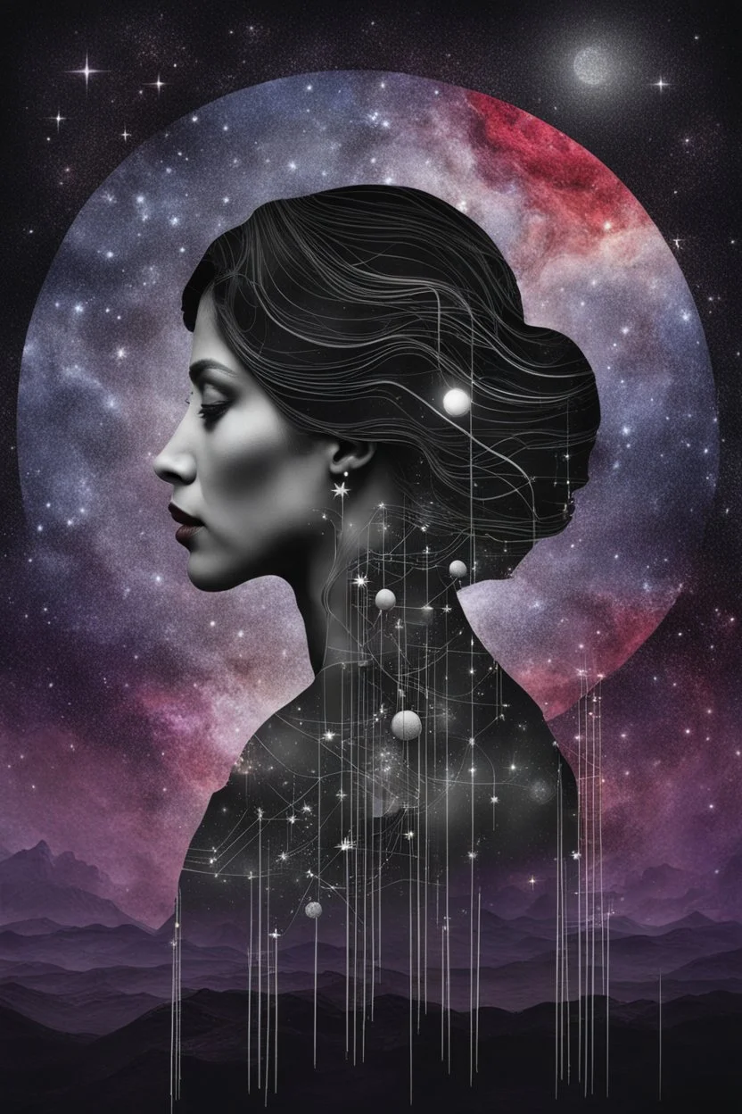 Double exposure of a female person's profile and a utopistic starry night sky, dramatic mood, dark depressive style, highlySurreal reflection, dark, melancholic, purple, gray, red, black colors, surreal abtractions, strange things, Kandinsky world detailed intricate, surreal, stunning,