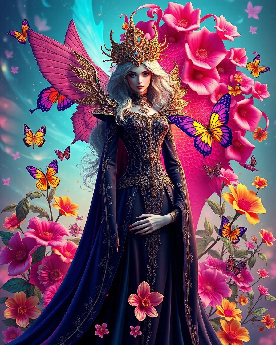 Masterpiece art amazing art picture in Luxurious 3d colorful fractals sharp colors,vibrant colors,neons colors standing pose sweet pose a vampire queen gothic hair silver, golden shiny adorned,in fractals 3d outside ,fractals colorfull, full of flowers,butterflies,leaves in 3d outside fractals background