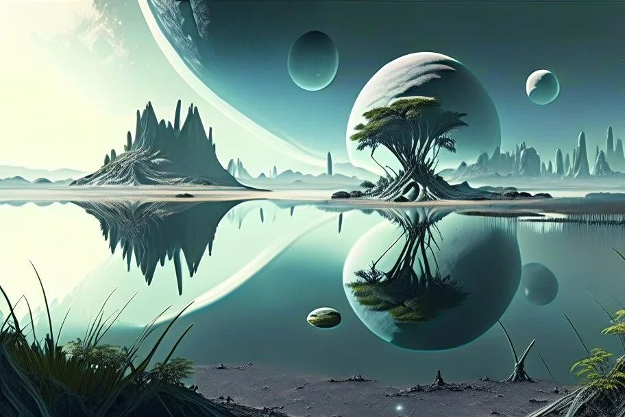 Alien landscape with grey exoplanet in the sky, Lagoon reflection, vegetation, sci-fi, concept art, movie poster