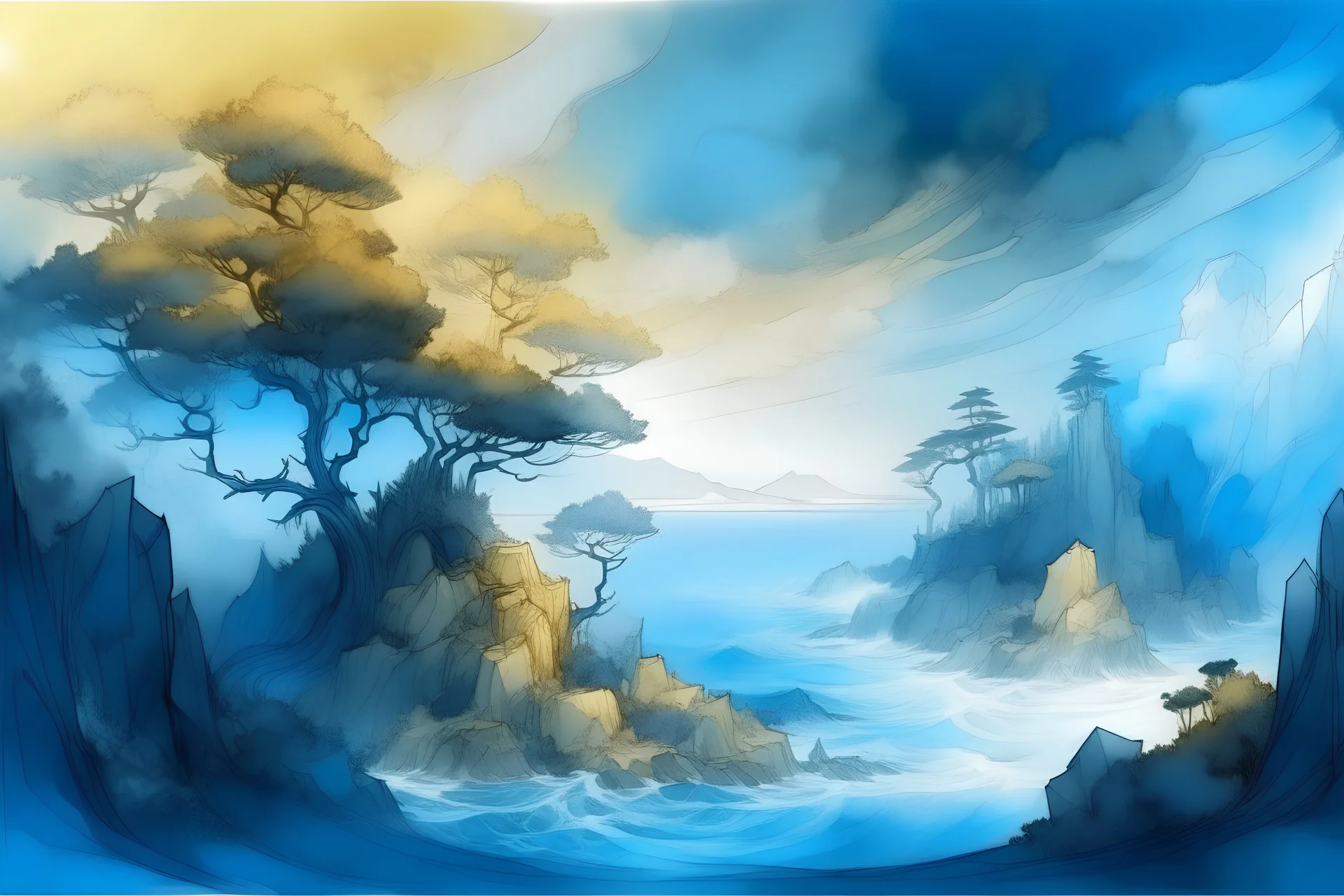 fantasy concept art stormy coast with golden trees, lineart, watercolour light soft monochromatic blue transparent