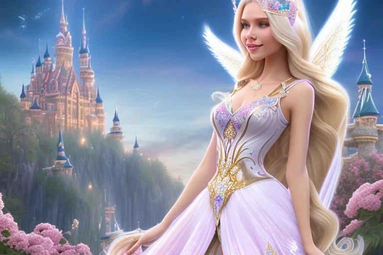 castle in background, beautiful, soft, big smiling, straight and long blonde hair, blues eyes, dewy and shiny atmosphere, diamond crown, long fairy wings in the back, full head, pink veil clothes